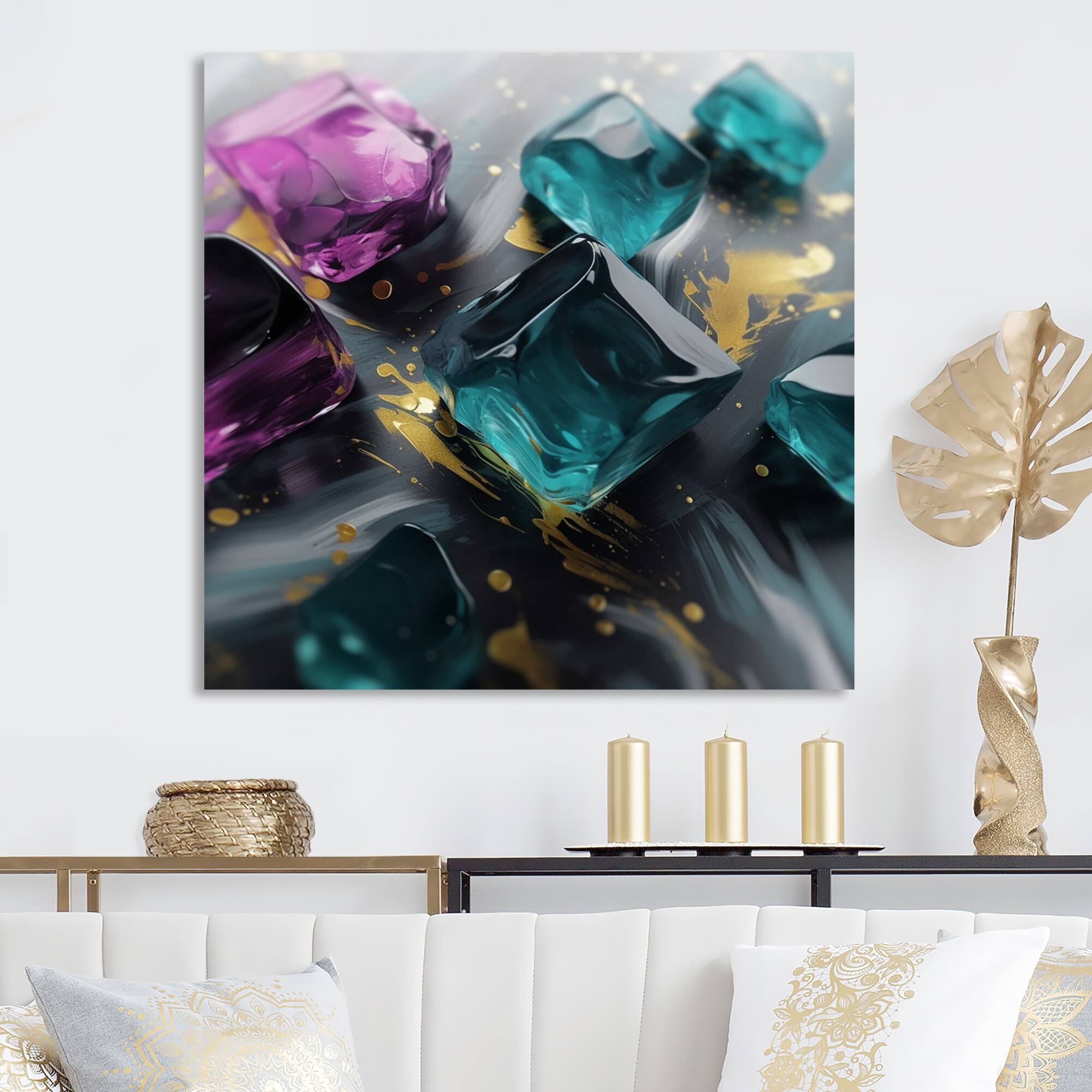 Designart "Purple And Green Colorful Impressions II" Abstract Painting Metal Wall Art Bed Bath